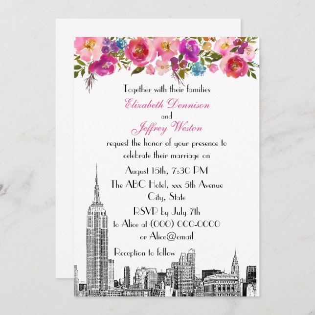 Convite NYC Skyline ESB Etch Primavera Floral Casamento Ro (Frente/Verso)