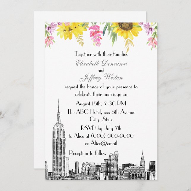 Convite NYC Skyline ESB Etch Sunflower Pink Casamento (Frente/Verso)