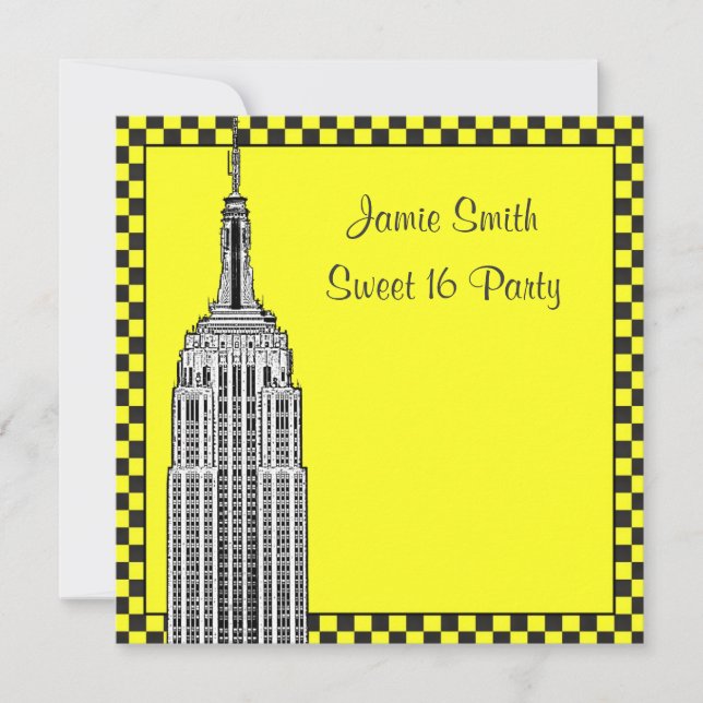 Convite NYC Skyline Etch ESB Checkered Taxi 2 Sweet 16 (Frente)