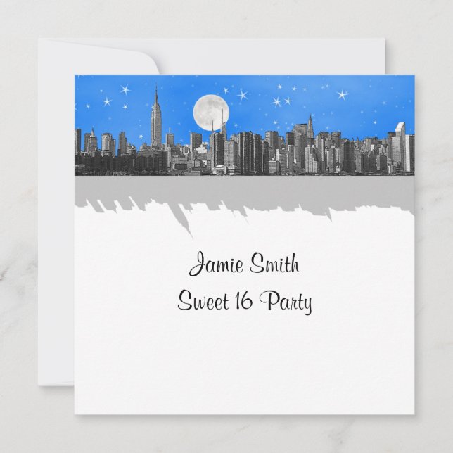 Convite NYC Skyline Etch Look Lt Blue 2 Sweet 16 SQ (Frente)