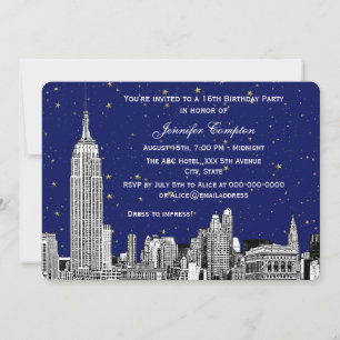 Convite NYC Skyline Etch Starry Navy BG SQ Doce 16 H