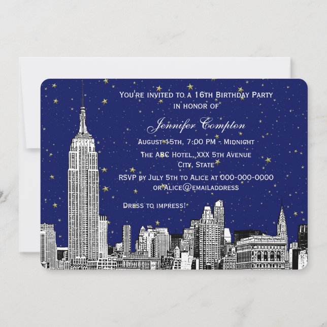 Convite NYC Skyline Etch Starry Navy BG SQ Doce 16 H (Verso)