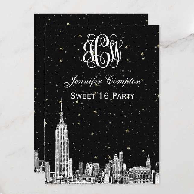 Convite NYC Skyline Etchd Starry Vine Font DIY BG Sweet 16 (Criador carregado)