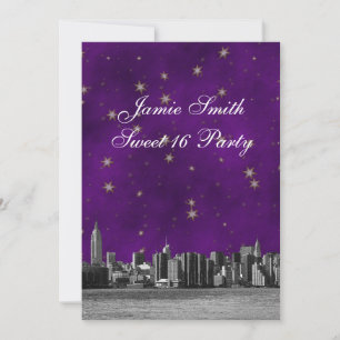 Convite NYC Skyline nº 3, Dourada Estrela Doce Roxo 16 V