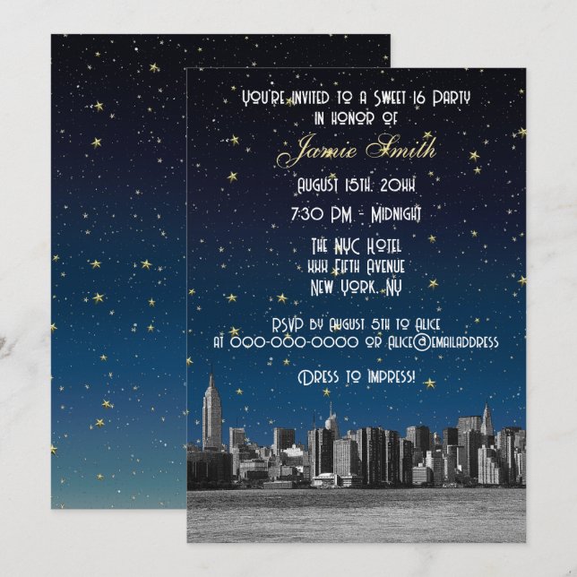 Convite NYC Skyline nº 3 Starry Blu Sunset Sweet 16 V (Frente/Verso)