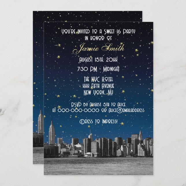 Convite NYC Skyline nº 3 Starry Blu Sunset Sweet 16 V (Frente/Verso)