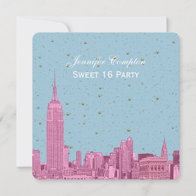 Convite NYC Skyline Rosa Quente Etch Blue Starry SQ Sweet  (Frente)
