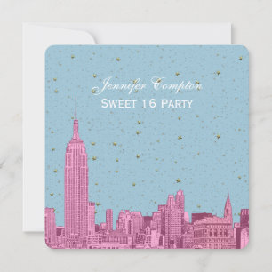 Convite NYC Skyline Rosa Quente Etch Blue Starry SQ Sweet 
