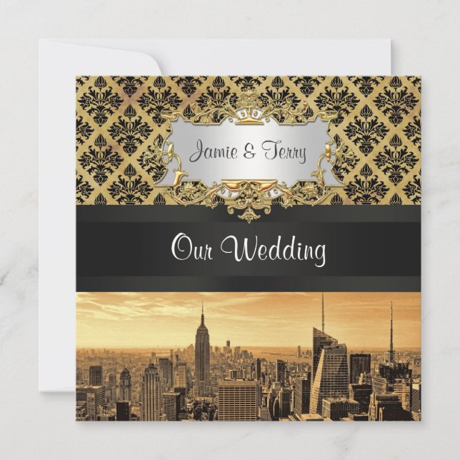 Convite NYC Skyline Sepia B5 Blk Rib Casamento tema damasc (Frente)