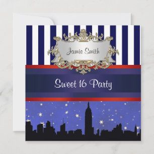 Convite NYC Skyline Sil Blue Sky2 Blue Wht Stripe Sweet 16
