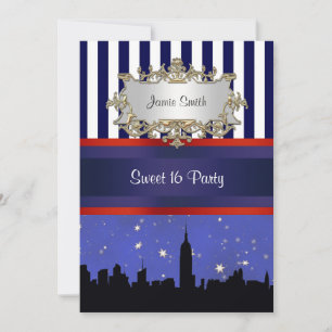 Convite NYC Skyline Sil Blue Sky2 Blue Wht Strp Sweet 16 V