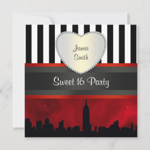 Convite NYC Skyline Sil Red Sky Blk Wht Stripe H Sweet 16