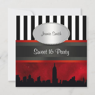 Convite NYC Skyline Sil Red Sky Blk Wht Stripe P Sweet 16