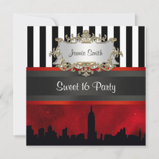 Convite NYC Skyline Sil Red Sky Blk Wht Stripe Sweet 16