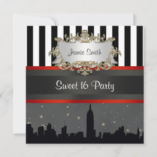 Convite NYC Skyline Silhouette Blk Wht Stripe Sweet 16