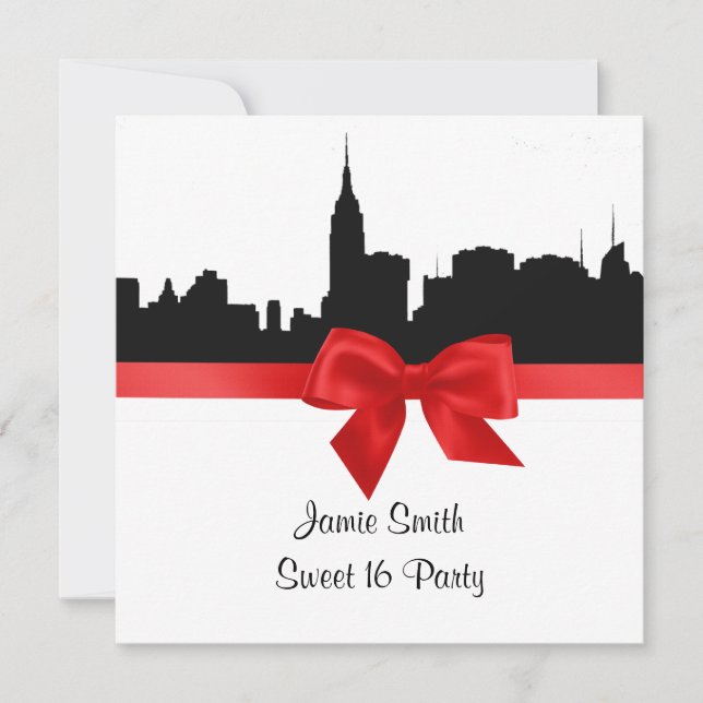 Convite NYC Skyline Silhouette BW Red Sweet 16 SQ (Frente)