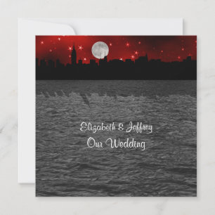 Convite NYC Skyline Silhouette Moon Red Wedding SQ