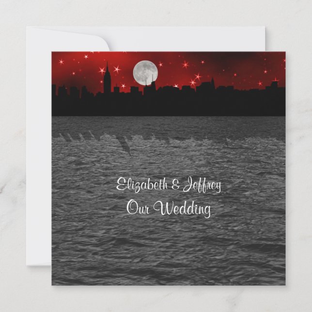 Convite NYC Skyline Silhouette Moon Red Wedding SQ (Frente)