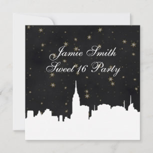 Convite NYC Skyline Wht Silhouette Blk Dourado Star Sweet 