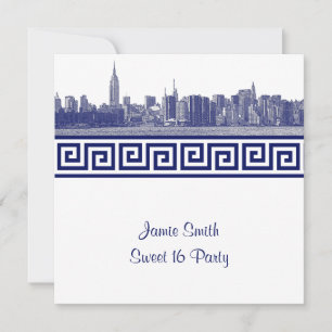 Convite NYC Wide Skyline Etch BW GK Sweet Sixteen SQ Azul