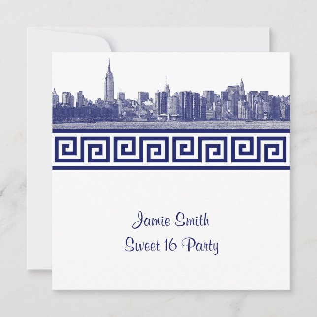 Convite NYC Wide Skyline Etch BW GK Sweet Sixteen SQ Azul (Frente)