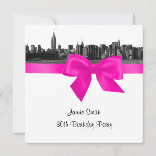 Convite NYC Wide Skyline Etch BW Hot Pink Birthday Pty SQ