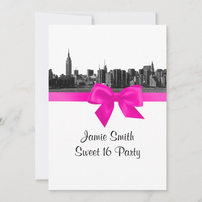 Convite NYC Wide Skyline Etch BW Hot Pink Sweet 16 (Frente)