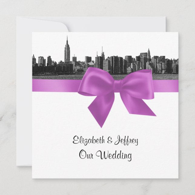 Convite NYC Wide Skyline Etch BW Lilac Wedding SQ (Frente)
