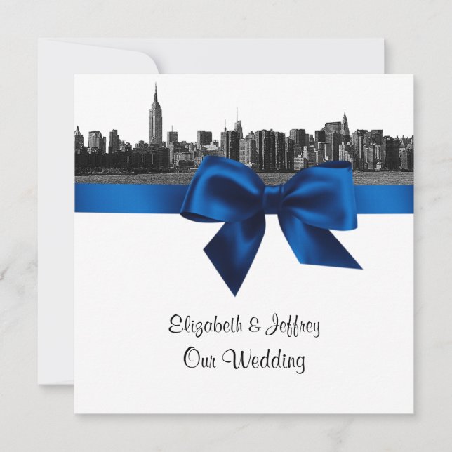 Convite NYC Wide Skyline Etch BW Royal Blue Wedding SQ (Frente)