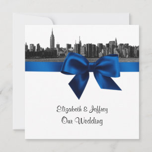 Convite NYC Wide Skyline Etch BW Royal Blue Wedding SQ