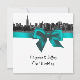 Convite NYC Wide Skyline Etched BW Teal  Casamento SQ