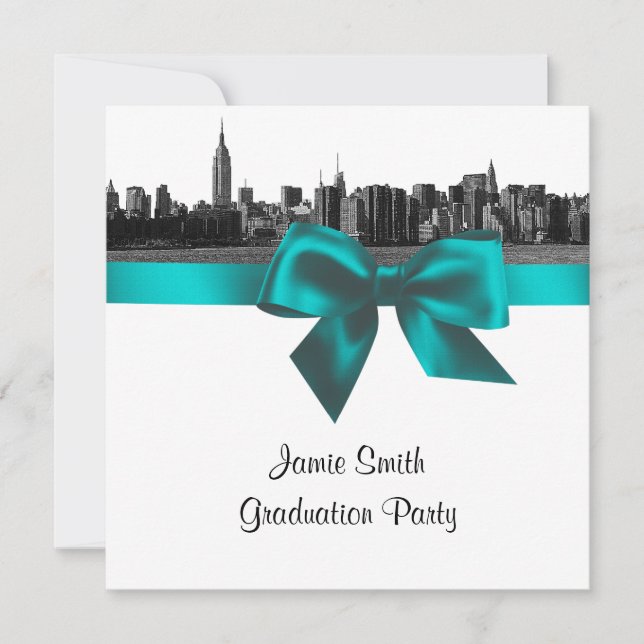 Convite NYC Wide Skyline Etched BW Teal Graduação SQ (Frente)