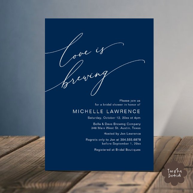 Convite O amor é a criação, a celebração do Chá de panela (Love is Brewing, Bridal Shower Beer Party Wine Tasting Invitation Card PDF Contemporary Navy Blue)