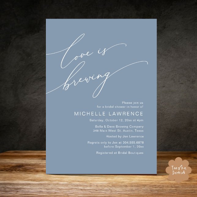 Convite O amor é a criação, a celebração do Chá de panela (Love is Brewing, Bridal Shower Beer Party Wine Tasting Invitation Card PDF Contemporary Dusty Blue)