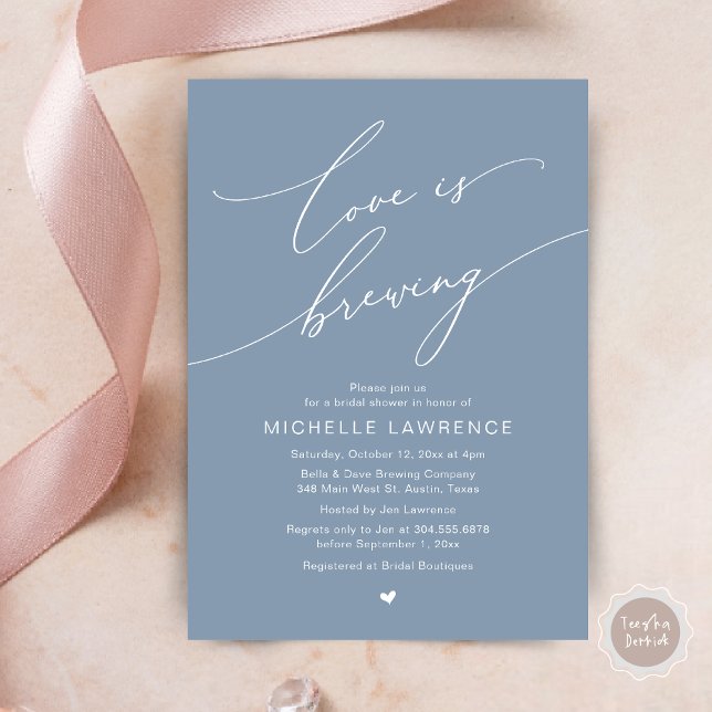 Convite O amor é a criação, a celebração do Chá de panela (Love is Brewing, Bridal Shower Beer Party Wine Tasting Invitation Card PDF Contemporary Dusty Blue)