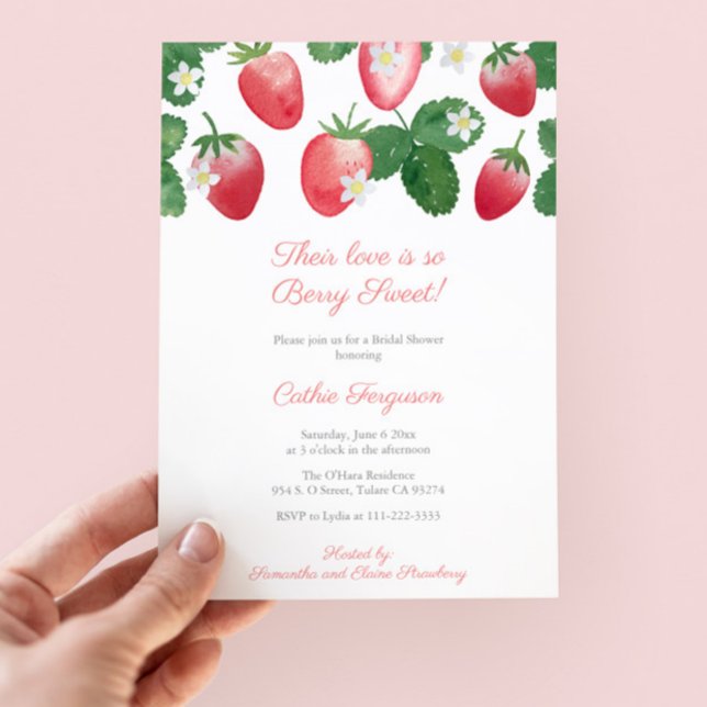 Convite O Amor É Berry Sweet Strawberry Chá de panela (Berry Sweet Love Strawberry-themed bridal shower party invitation with watercolor strawberries)