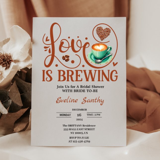Convite O Amor É Criar Chá de panela Cardíaco Cappuccino (love is brewing coffee theme wedding bridal shower heart bean brown greenery cup chic elegant simple)