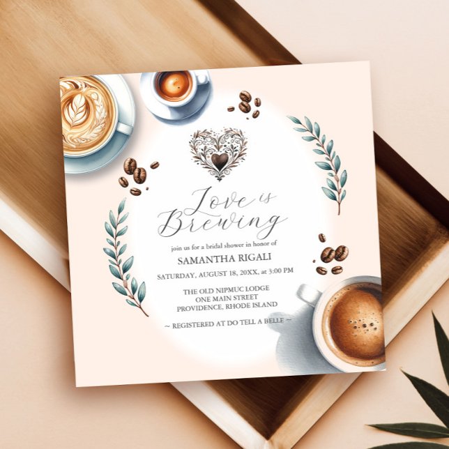 Convite O amor é criar Chá de panela de café (love is brewing coffee bridal shower invitations with a watercolor theme and brown heart.)