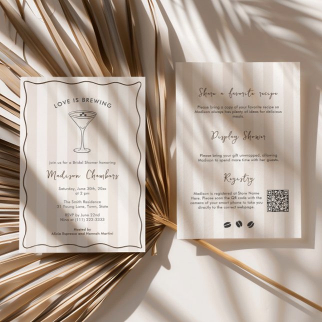 Convite O Amor É Criar Chá de panela Espresso Martini (Love Is Brewing Espresso Martini Social club bridal shower double-sided invitation with QR code)
