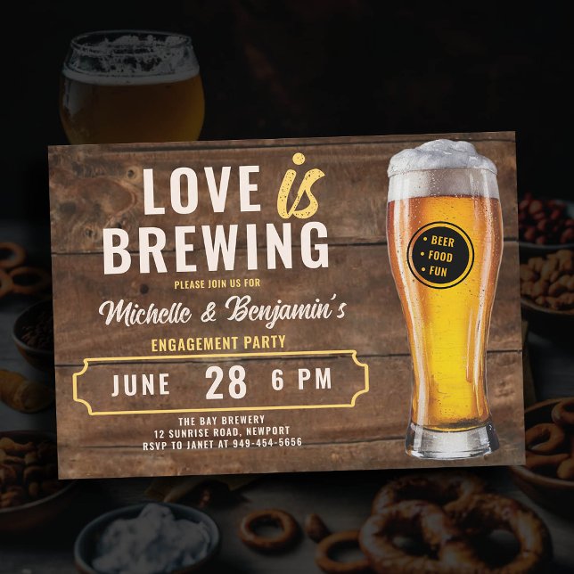 Convite O amor é criar Noivado de cervejas russas (love is brewing beer engagement party invitation brewery party rustic wood board)