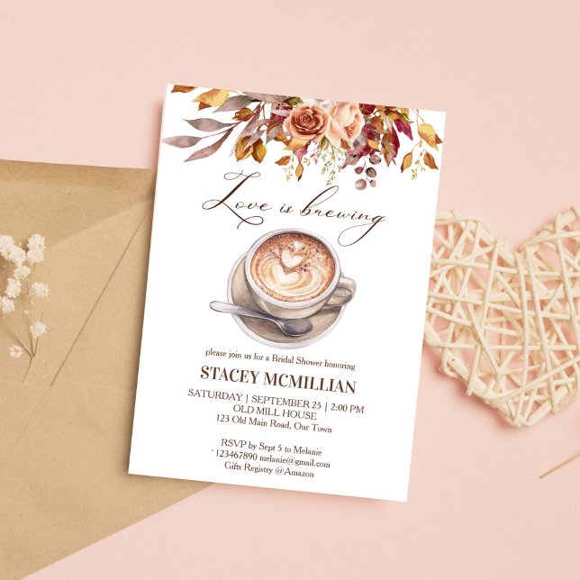 Convite O amor é fazer café cair chá de panela (Love is brewing coffee fall themed bridal shower invitation editable template instant download)