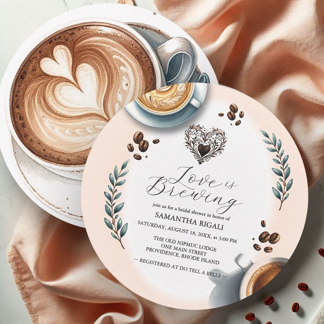 Convite O amor é fazer Chá de panela de café (Round coffee bridal shower invitations love is brewing by Victoria Grigaliunas Do Tell A Belle)