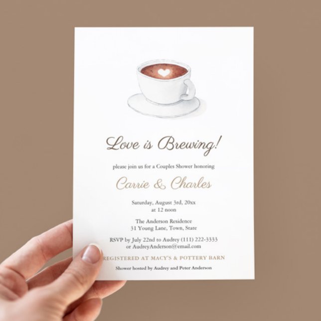 Convite O amor é o Chá de casamento da Taça do Café (Love Is Brewing Coffee-themed Couples Wedding shower with watercolor coffee cup)