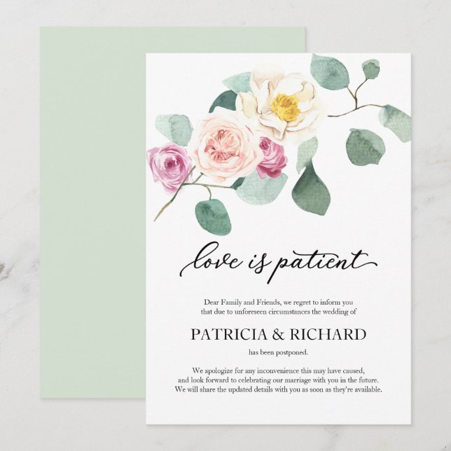 Convite O Amor é Paciente Atraso de Casamento Eucalipto (Frente/Verso)