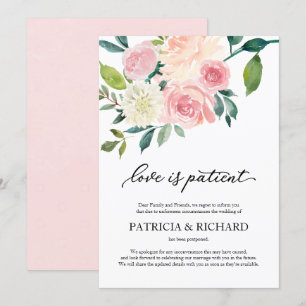 Convite O Amor é Paciente Blush Floral Adiamento de Casame