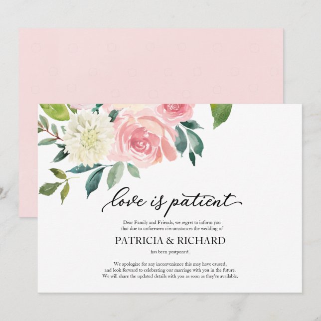 Convite O Amor é Paciente Blush Floral Adiamento de Casame (Frente/Verso)