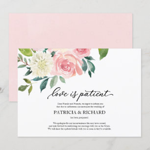 Convite O Amor é Paciente Blush Floral Adiamento de Casame