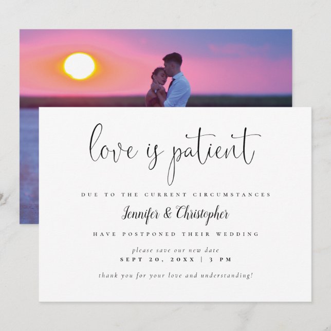 Convite O Amor é Paciente Foto de Casamento Adiada (Frente/Verso)