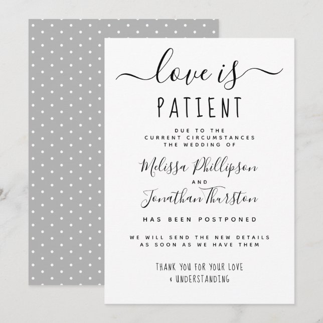 Convite O Amor é Paciente Letra à Mão Atraso de Casamento (Frente/Verso)