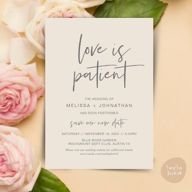 Convite O amor é paciente, Mudar Nova Data de Casamento (Minimalist, Love is patient, Romantic Wedding Change the new date card PDF in Cream Grey)